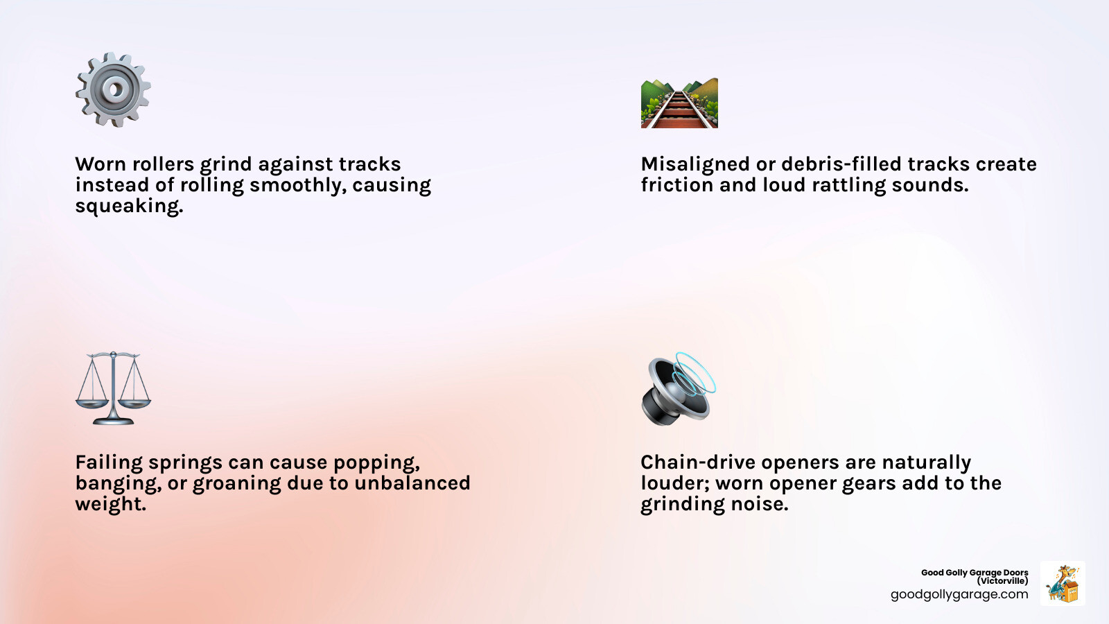 Infographic showing the main components of a garage door system including rollers along vertical tracks on both sides, horizontal tracks at the top, torsion springs mounted on a bar above the door, hinges connecting door panels, a chain or belt-driven opener mechanism mounted to the ceiling, and labels pointing to each component with brief descriptions of how they contribute to noise when worn or improperly maintained - why is my loud garage door in spring valley lake ca infographic