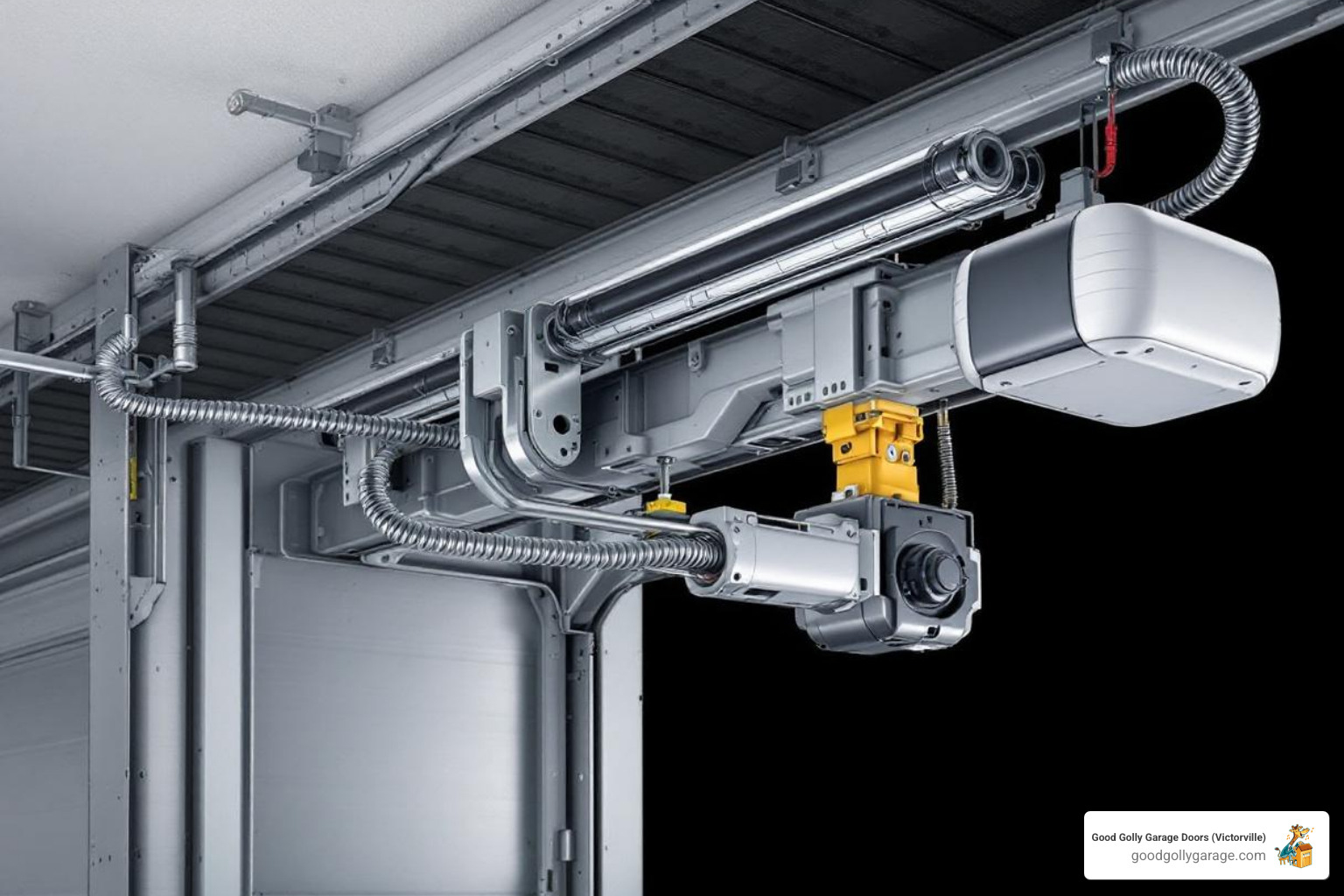 Infographic illustrating the main noise-producing parts of a garage door system: rollers, tracks, springs, hinges, and opener - why is my loud garage door in oak hills ca
