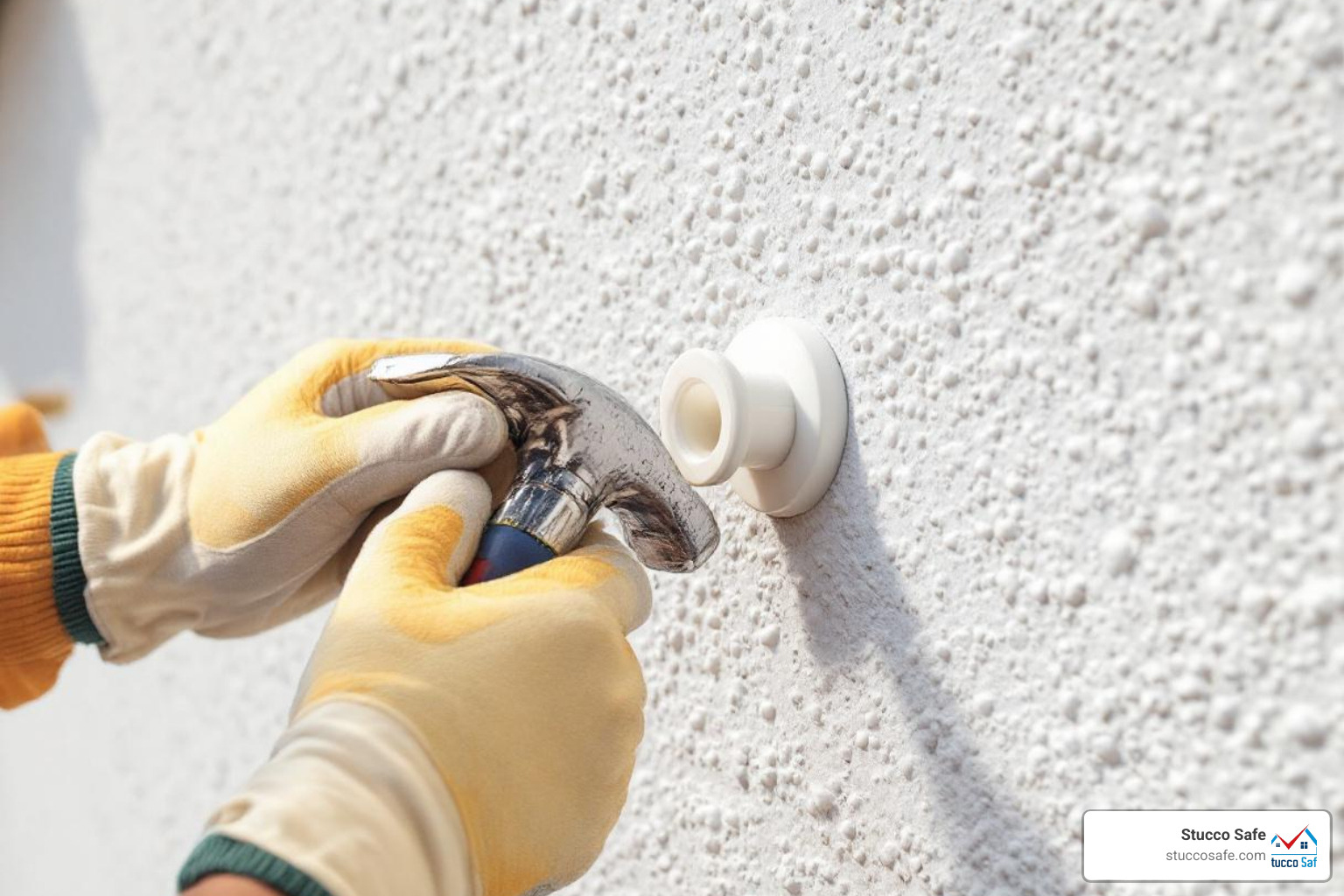 A hand holding a plastic stucco anchor, gently tapping it with a small hammer until it is flush with the stucco surface - installing anchors in stucco A hand holding a plastic stucco anchor, gently tapping it with a small hammer until it is flush with the stucco surface - installing anchors in stucco
