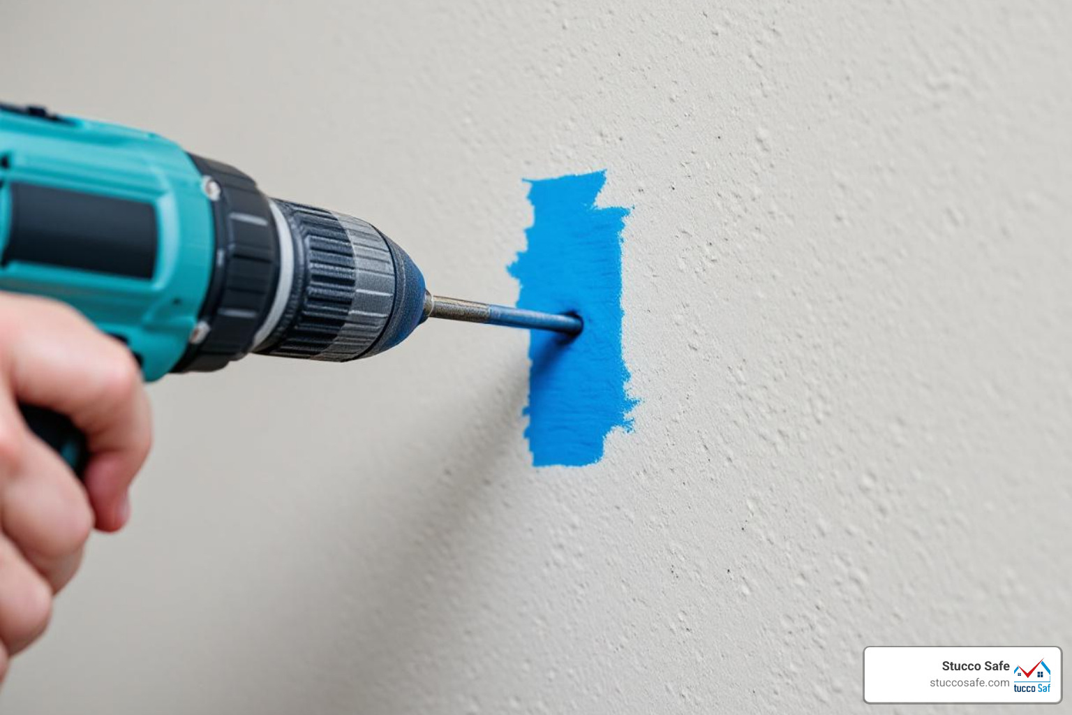 A close-up image showing a power drill slowly drilling into a stucco wall with blue painter's tape applied around the drilling spot to prevent chipping - installing anchors in stucco A close-up image showing a power drill slowly drilling into a stucco wall with blue painter's tape applied around the drilling spot to prevent chipping - installing anchors in stucco
