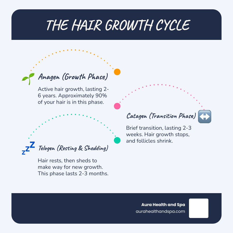Detailed infographic showing the hair growth cycle phases - Anagen growth phase lasting 2-6 years with 90% of hair, Catagen transition phase lasting 2-3 weeks with less than 1% of hair, and Telogen resting phase lasting 2-3 months with 5-10% of hair, plus arrows indicating how non-surgical treatments stimulate follicles to re-enter the growth phase - Non-Surgical Hair Restoration infographic infographic-line-3-steps-blues-accent_colors
