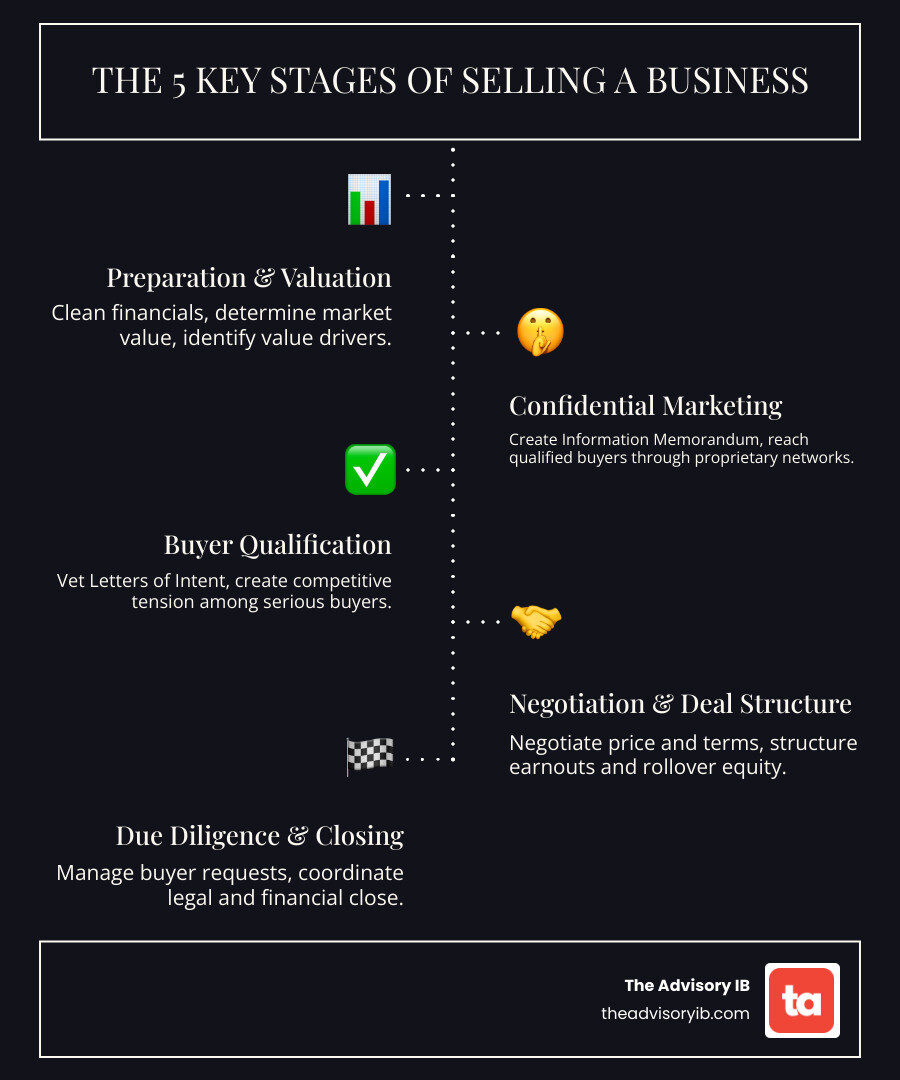 Infographic showing the 5 key stages of selling a business: 1. Preparation & Valuation - Clean financials, determine market value, identify value drivers; 2. Confidential Marketing - Create Information Memorandum, reach qualified buyers through proprietary networks; 3. Buyer Qualification - Vet Letters of Intent, create competitive tension among serious buyers; 4. Negotiation & Deal Structure - Negotiate price and terms, structure earnouts and rollover equity; 5. Due Diligence & Closing - Manage buyer requests, coordinate legal and financial close - sell my business experts infographic infographic-line-5-steps-dark