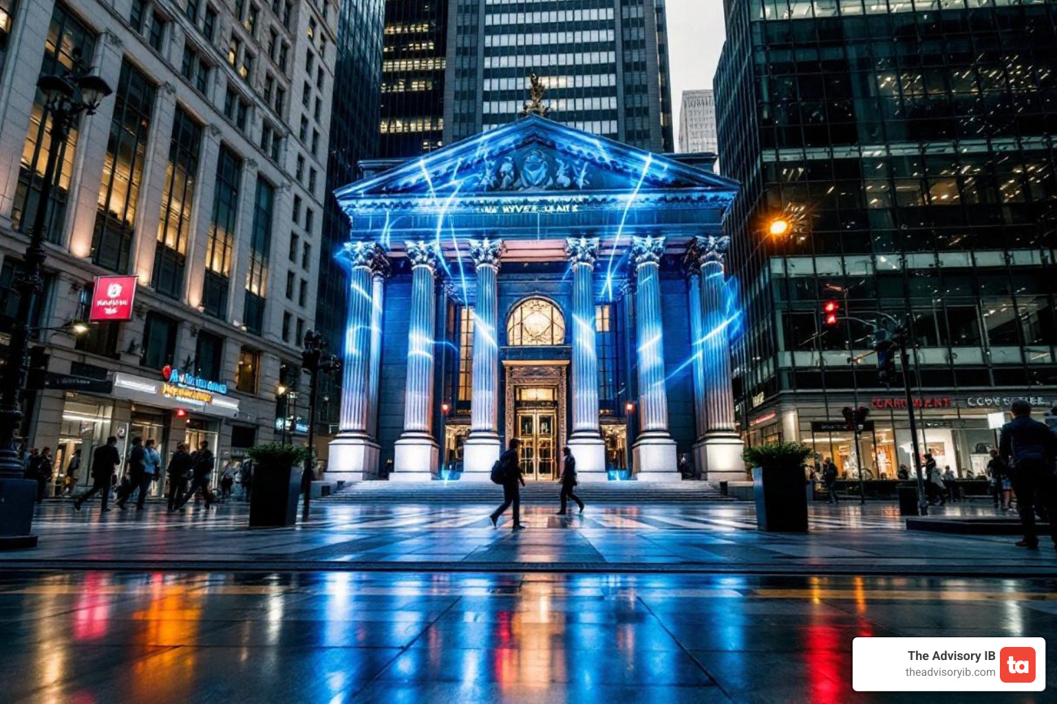 infographic showing the flow of capital from investors through an investment bank to corporations, with arrows indicating underwriting, advisory services, and M&A facilitation - investment bank