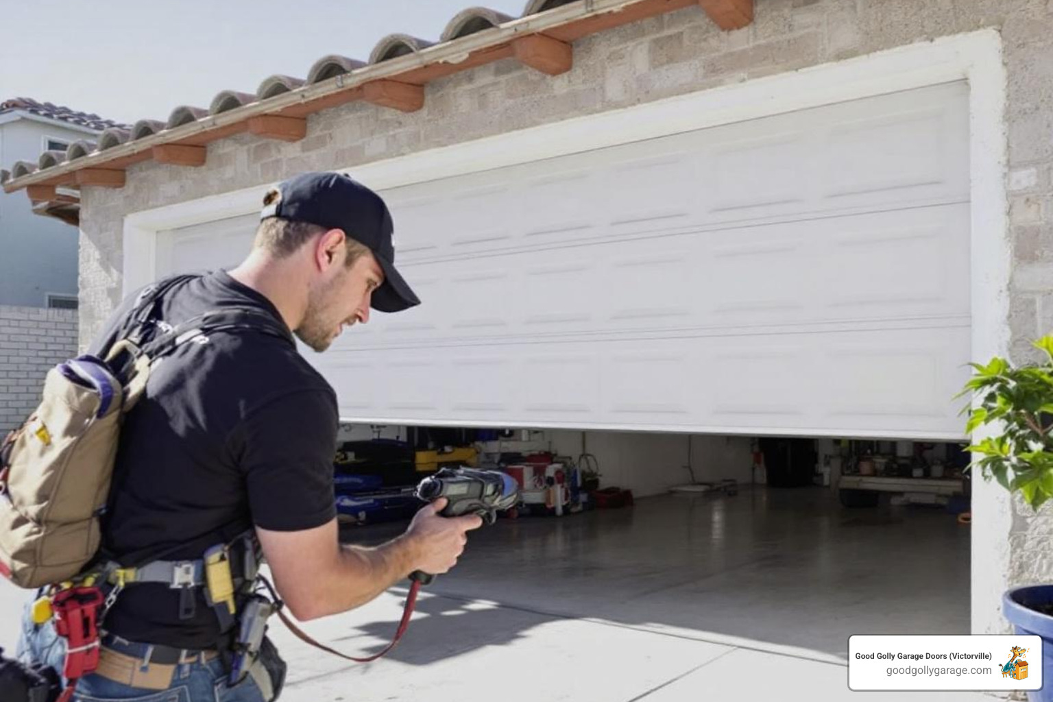 Infographic showing five illustrated icons representing the top causes of a noisy garage door: a dry hinge with squeaking lines, a worn metal roller with cracks, a loose bolt vibrating, a dirty track with debris, and a broken spring with tension lines - why is my loud garage door in apple valley ca