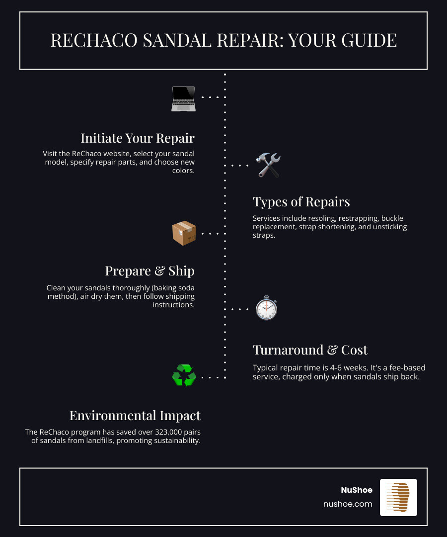 Detailed infographic showing the Chaco sandal repair process from start to finish, including steps to initiate repair online, types of repairs available (resoling, restrapping, buckle replacement), typical 4-6 week turnaround time, environmental impact statistics showing 323,000+ pairs saved from landfills, and cost structure where payment occurs only upon shipment - Chaco sandal repair infographic infographic-line-5-steps-dark