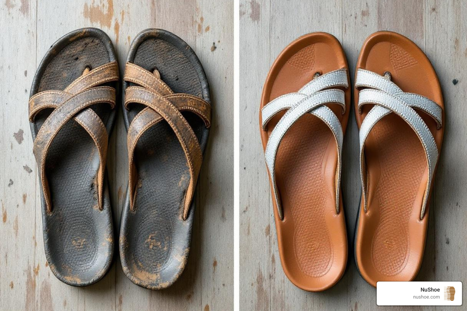 Side-by-side comparison of a heavily worn Chaco sandal next to a newly repaired one, showcasing the transformation - Chaco sandal repair