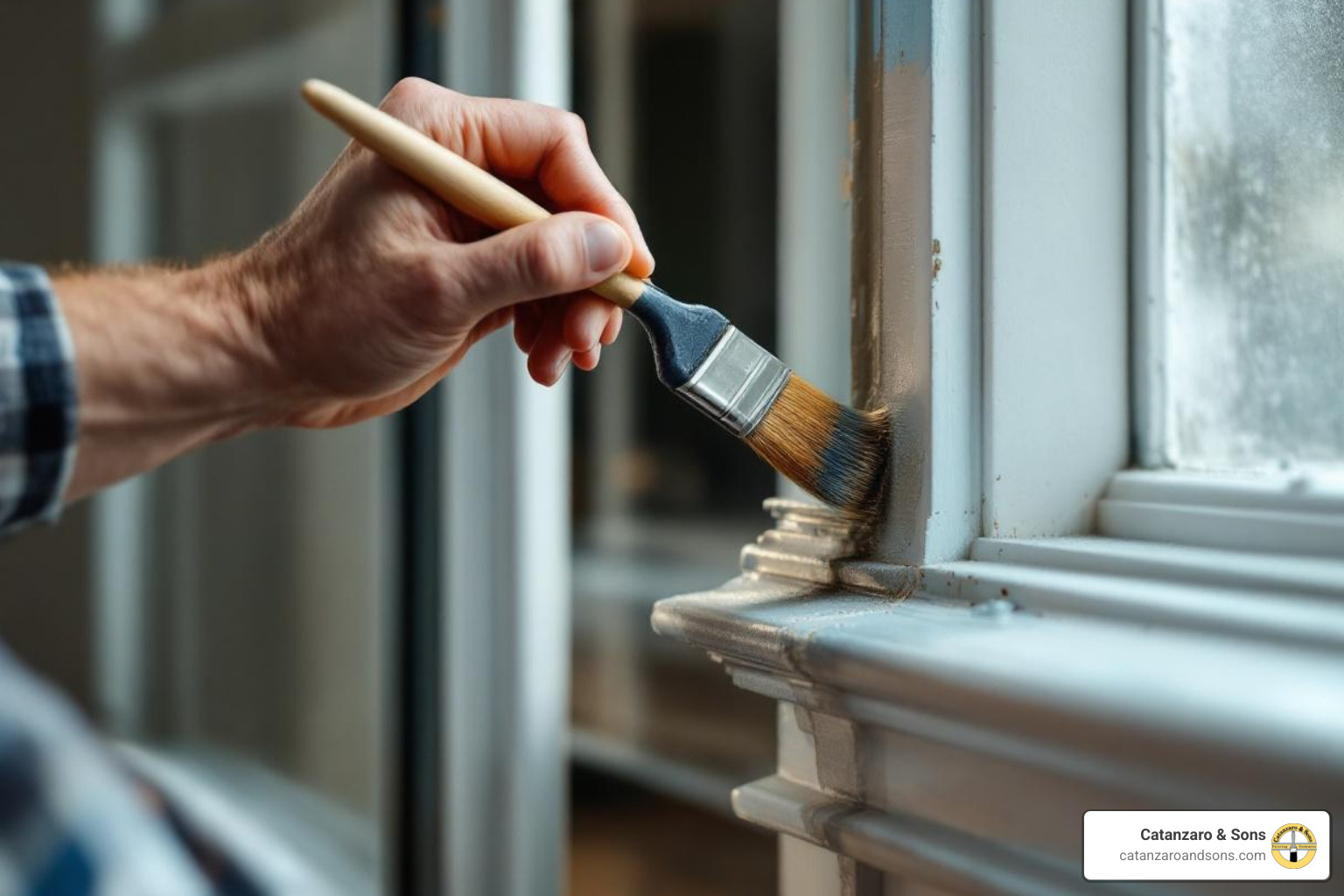Painter carefully working on detailed trim work - house painting services rhode island Painter carefully working on detailed trim work - house painting services rhode island