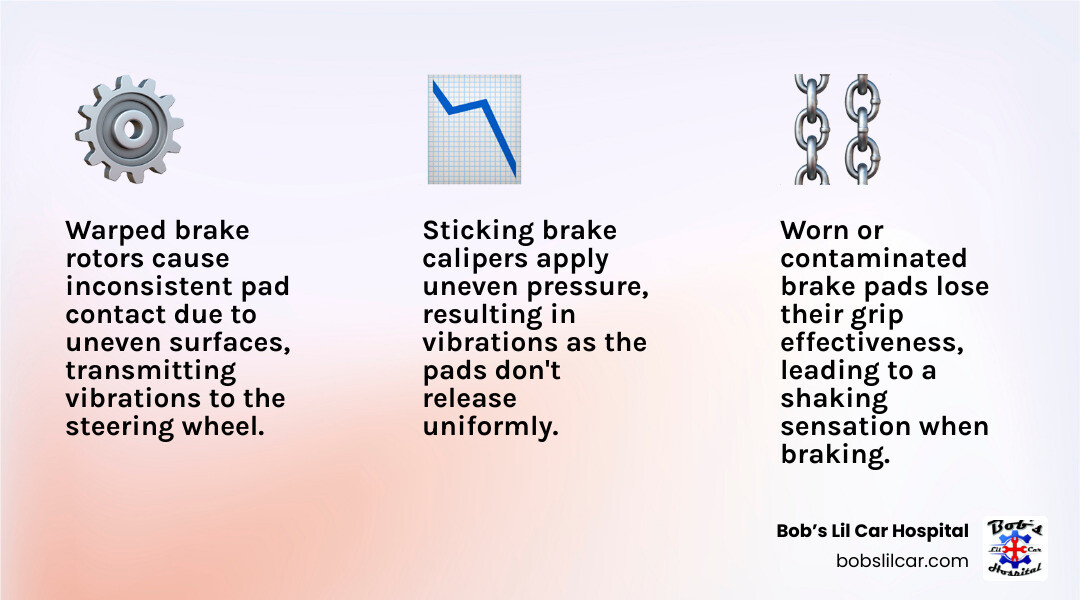 infographic showing three main causes of steering wheel shake when braking with warped brake rotors at the top showing uneven surface contact worn brake pads in the middle showing reduced grip and sticking brake calipers at the bottom showing uneven pressure distribution - Steering wheel shakes braking infographic 3_facts_emoji_light-gradient