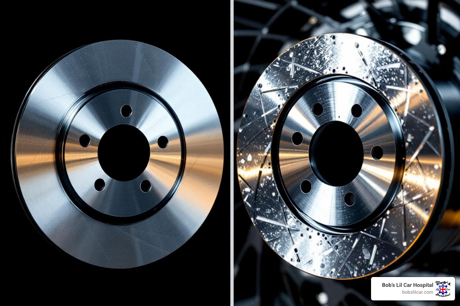 comparing a new, smooth brake rotor to a visibly warped or scored one - Steering wheel shakes braking