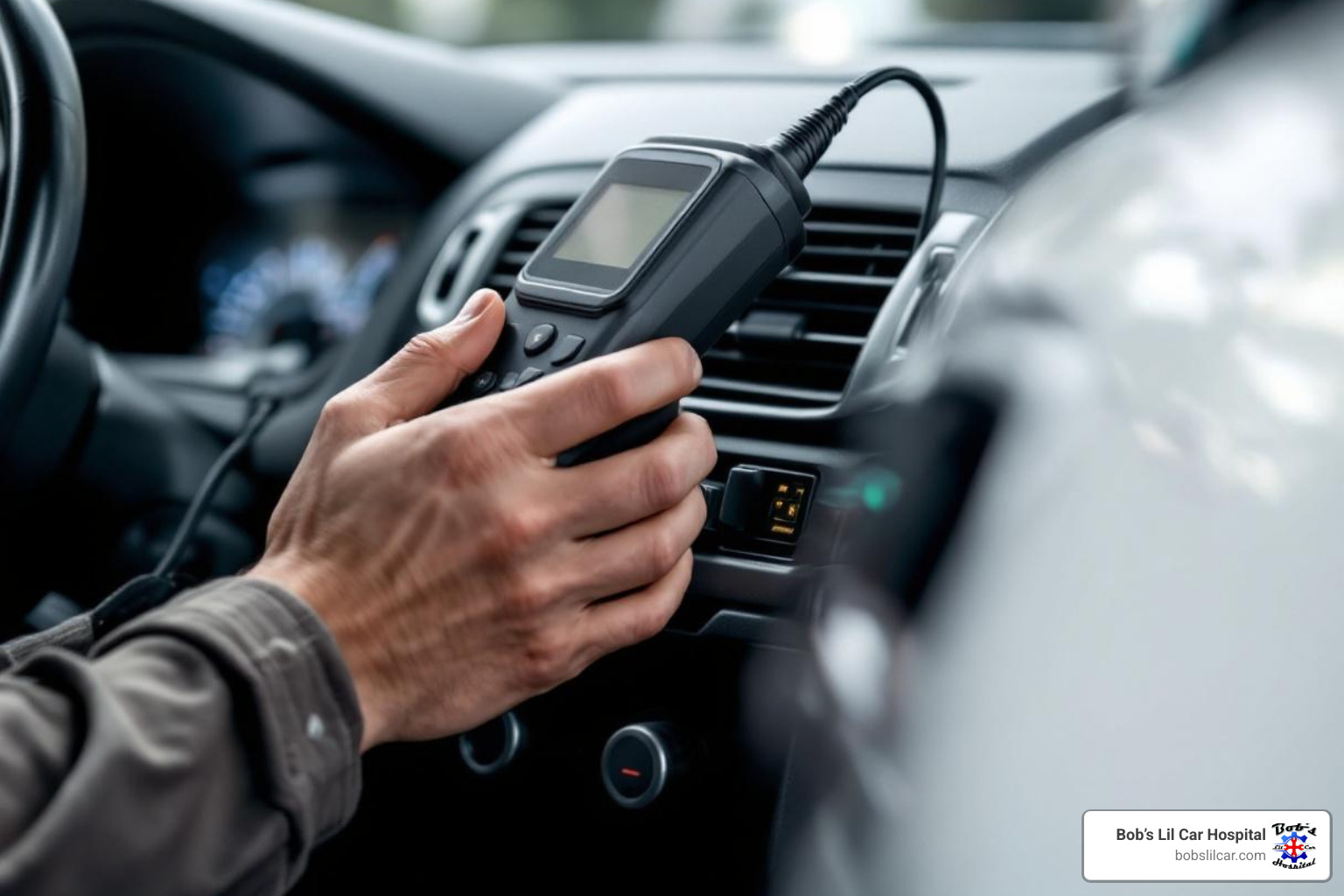 person using a handheld OBD2 scanner on their car - car diagnostics