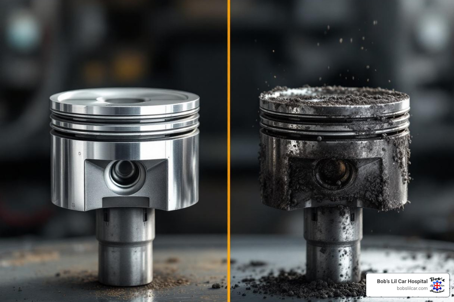 clean engine piston vs. dirty, sludgy piston - Benefits of synthetic oil