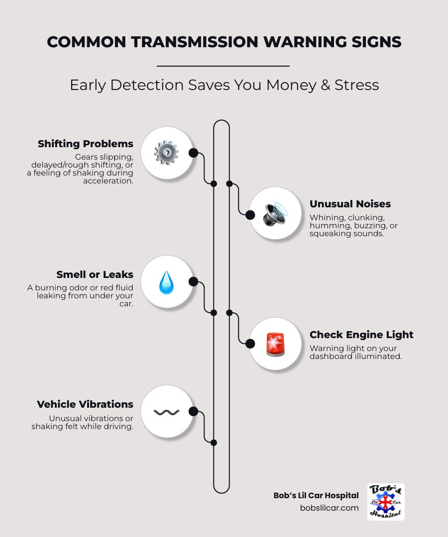 Infographic showing common transmission warning signs including slipping gears, delayed shifting, unusual noises like whining or clunking, burning smell, red fluid leaks, and illuminated check engine light, along with recommended actions for each symptom - auto transmission specialist infographic infographic-line-5-steps-elegant_beige