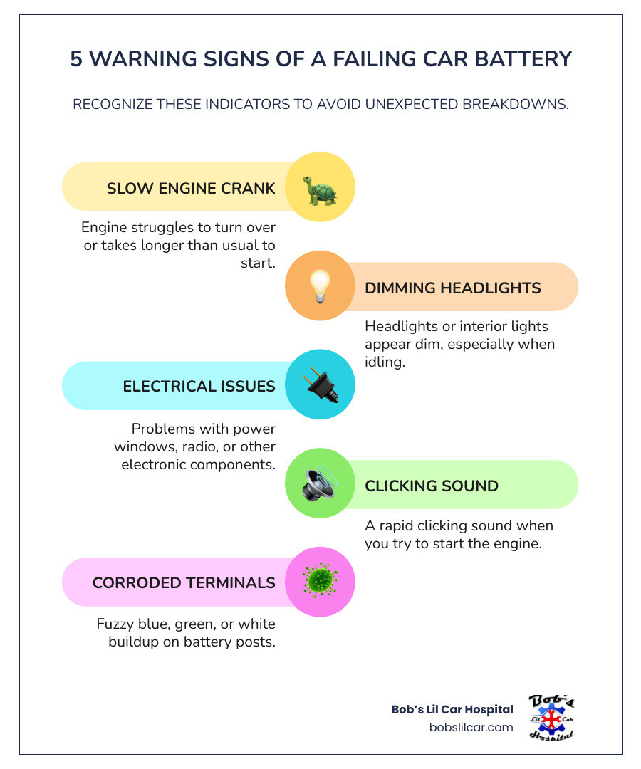 infographic showing five warning signs of a failing car battery: slow engine crank, dimming headlights, electrical system issues, clicking sound when turning key, and visible corrosion on battery terminals - battery testing and replacement infographic infographic-line-5-steps-colors