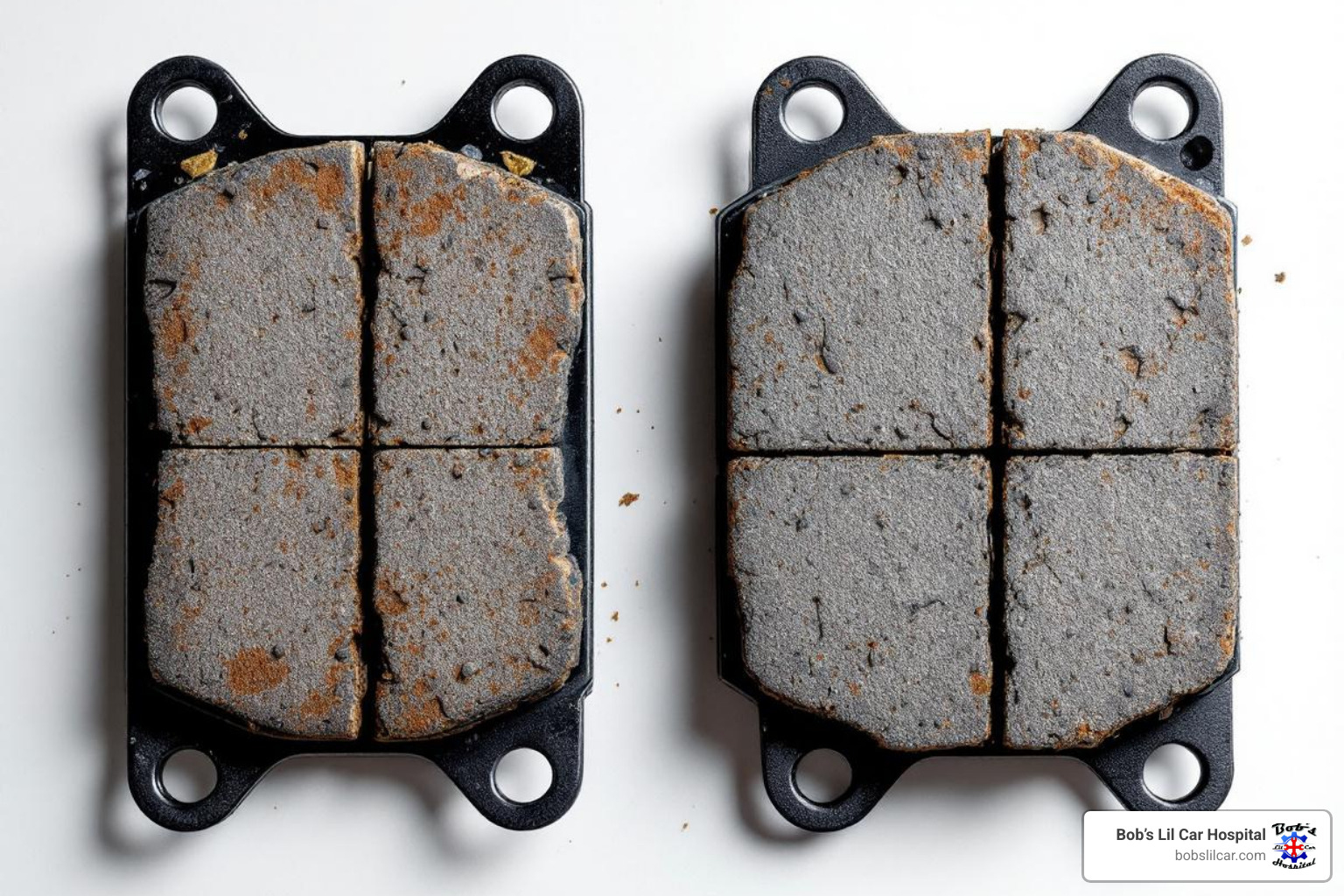 of a new brake pad next to a completely worn-down one - Steering wheel shakes braking