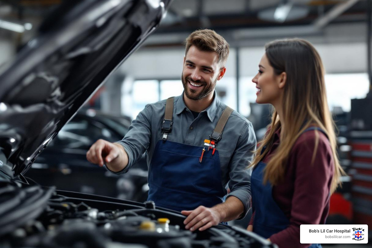 Friendly technician explaining a repair to a customer - auto transmission specialist
