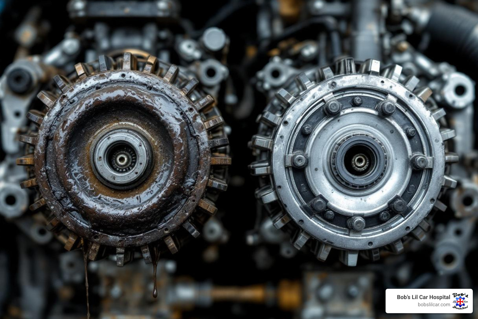 sludgy engine part next to clean one - oil and tire rotation