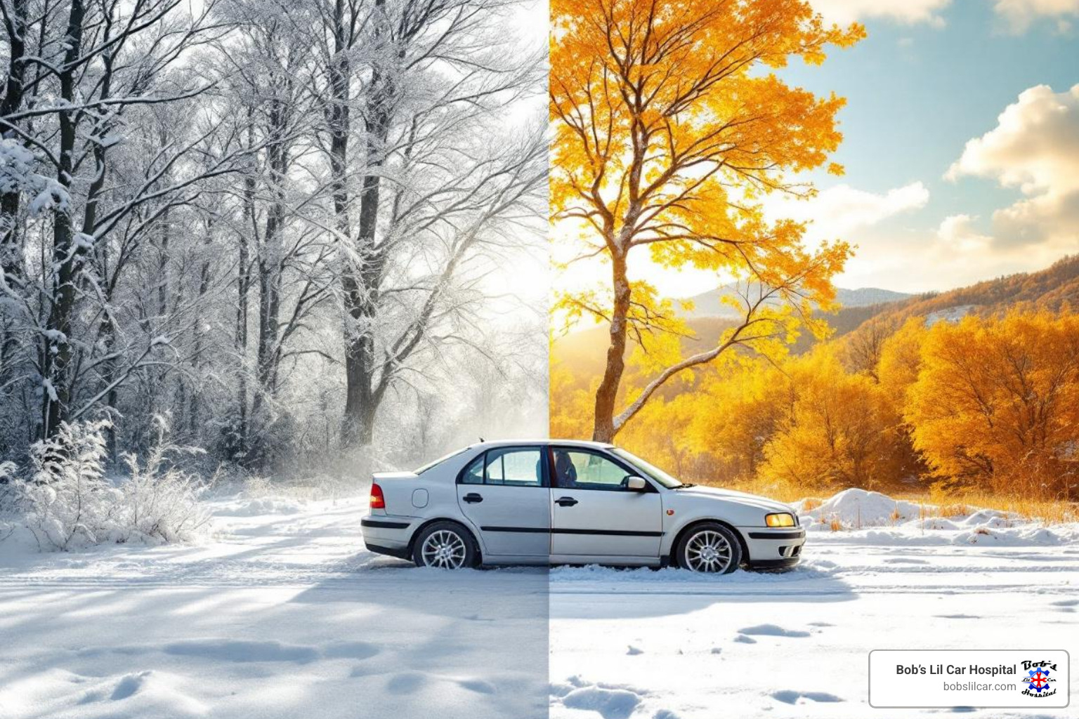 car in snowy winter scene and another in hot summer scene - battery testing and replacement