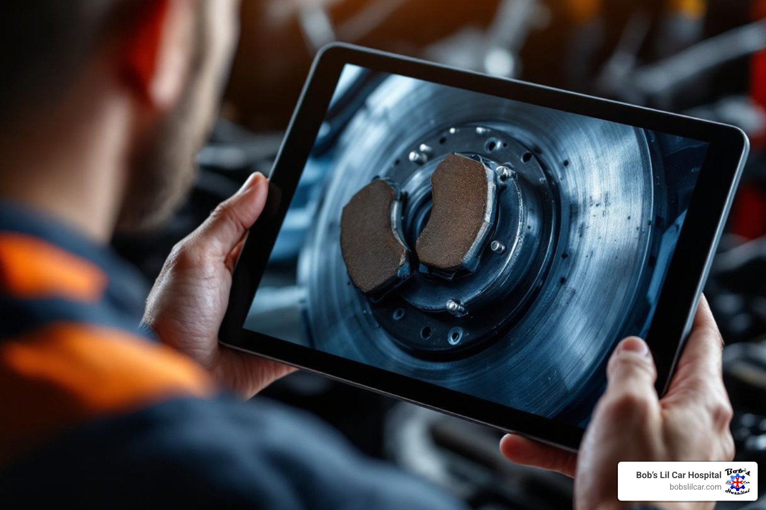 tablet showing worn brake pads - transparent auto repair