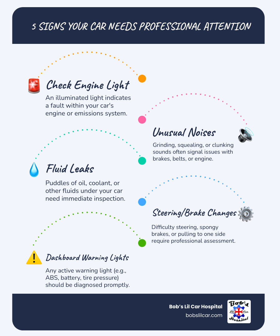 infographic showing the top 5 signs your car needs professional attention: check engine light illuminated, unusual noises like grinding or squealing, fluid leaks under the vehicle, steering or brake performance changes, and dashboard warning lights - auto repair Kelso WA infographic infographic-line-5-steps-blues-accent_colors