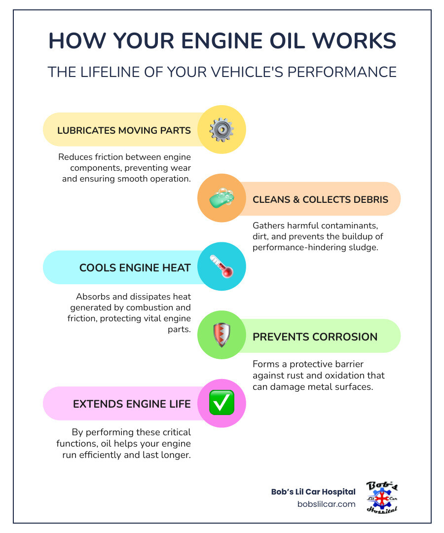 infographic showing how engine oil lubricates moving parts, removes contaminants and sludge, reduces friction and heat, and protects engine components from wear and damage - Oil change Kelso WA infographic infographic-line-5-steps-colors