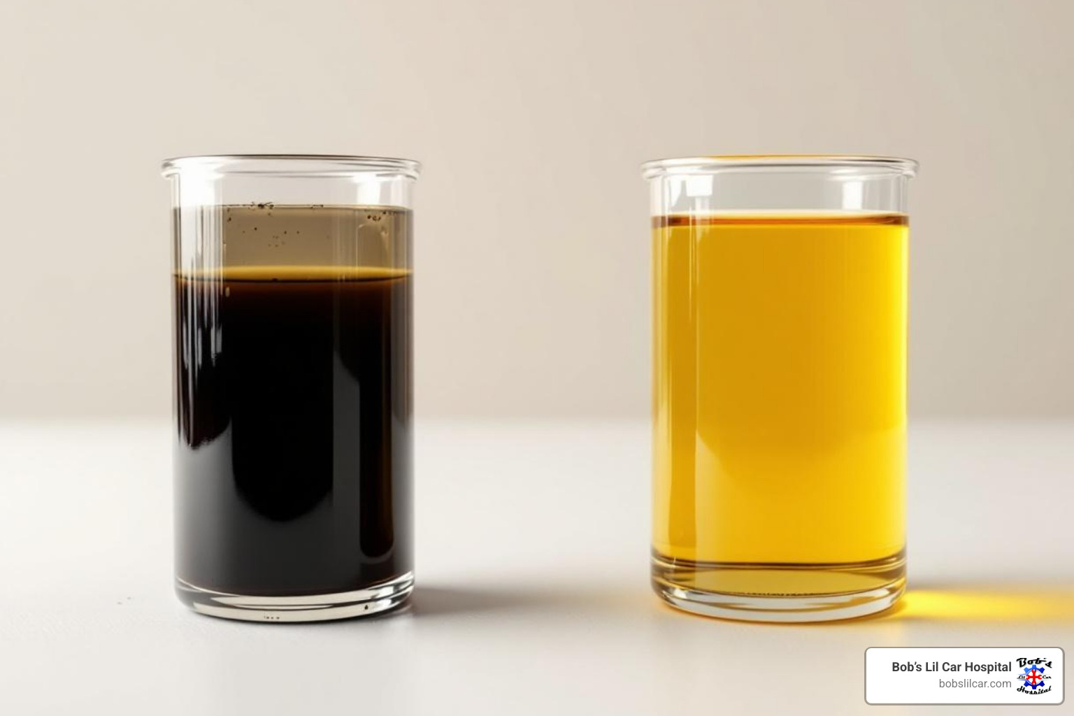 side-by-side comparison of clean golden oil and black, sludgy oil - Oil change Kelso WA
