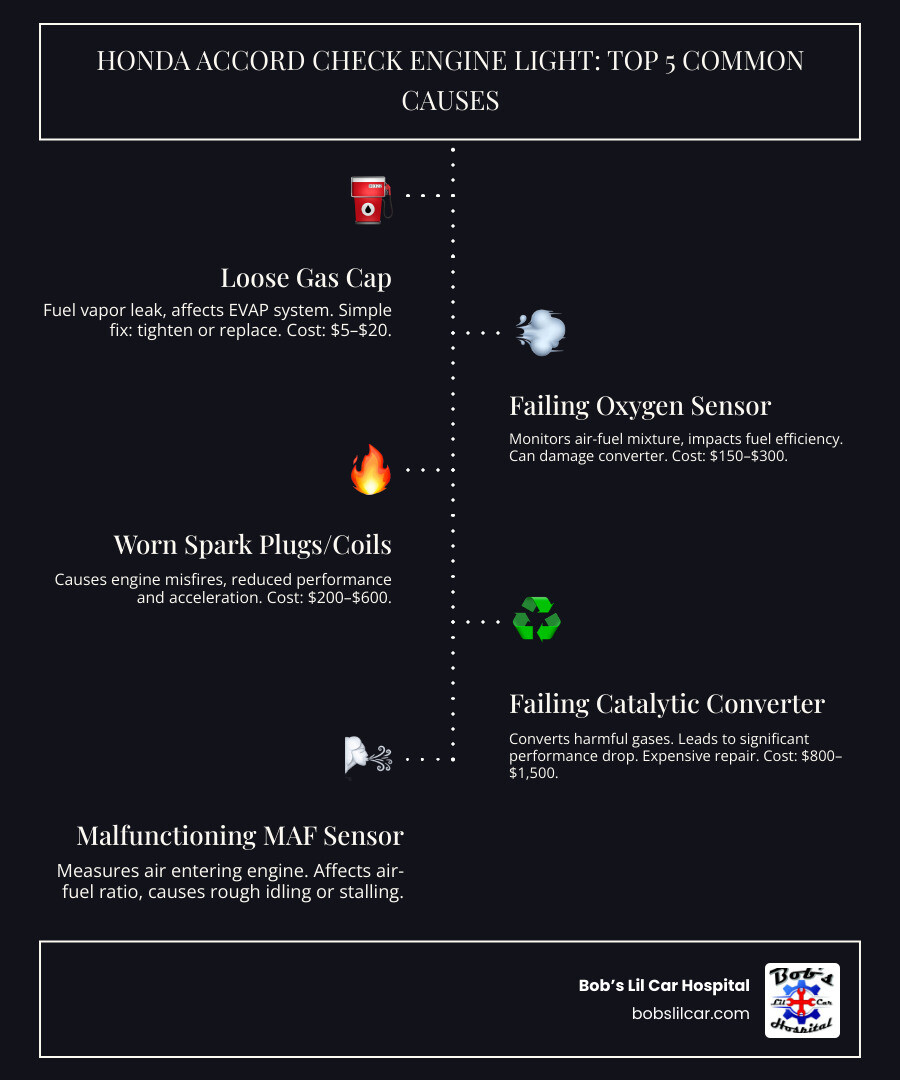 Infographic showing Honda Accord check engine light meanings: steady amber light labeled 'Schedule service soon - non-emergency' versus rapidly flashing red/amber light labeled 'Pull over immediately - severe engine misfire risk'; below shows top 5 causes with icons: loose gas cap, oxygen sensor, spark plugs, catalytic converter, and mass airflow sensor, with cost ranges from $5 to $1,500 - check engine light honda accord infographic infographic-line-5-steps-dark