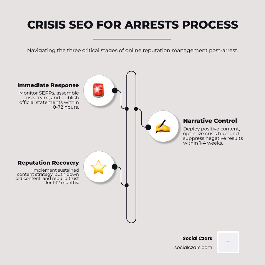 Crisis SEO for Arrests Process Infographic showing three stages: Stage 1 - Immediate Response (0-72 hours): Monitor SERPs, Assemble crisis team, Publish official statements; Stage 2 - Narrative Control (1-4 weeks): Deploy positive content, Optimize crisis hub, Suppress negative results; Stage 3 - Reputation Recovery (1-12 months): Sustained content strategy, Push down old content, Rebuild trust and authority - Crisis SEO for Arrests infographic infographic-line-3-steps-elegant_beige