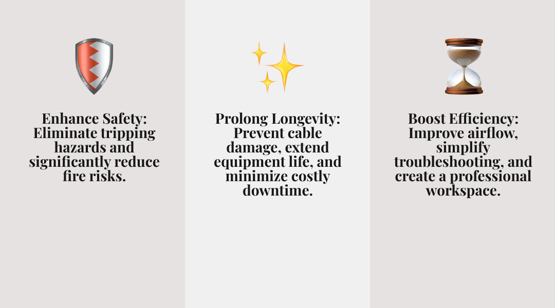 Infographic showing the four core benefits of cable management: Safety (reduced tripping hazards, fire prevention, protection from abrasion), Aesthetics (clean workspace, professional appearance, reduced visual clutter), Functionality (easier troubleshooting, simplified maintenance, better airflow), and Cable Longevity (prevents kinks and damage, extends equipment life, reduces downtime) - cable management infographic 4_facts_emoji_nature Infographic showing the four core benefits of cable management: Safety (reduced tripping hazards, fire prevention, protection from abrasion), Aesthetics (clean workspace, professional appearance, reduced visual clutter), Functionality (easier troubleshooting, simplified maintenance, better airflow), and Cable Longevity (prevents kinks and damage, extends equipment life, reduces downtime) - cable management infographic 4_facts_emoji_nature