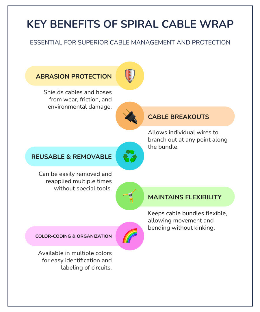 infographic showing spiral cable wrap benefits: protects cables from abrasion with flexible barrier, allows individual wire breakouts at any point along bundle, reusable and removable without tools, maintains cable flexibility while providing protection, available in multiple colors for wire labeling and organization - spiral cable wrap infographic infographic-line-5-steps-colors infographic showing spiral cable wrap benefits: protects cables from abrasion with flexible barrier, allows individual wire breakouts at any point along bundle, reusable and removable without tools, maintains cable flexibility while providing protection, available in multiple colors for wire labeling and organization - spiral cable wrap infographic infographic-line-5-steps-colors