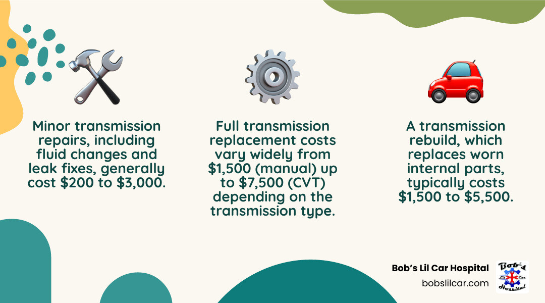 Infographic showing transmission repair cost ranges: Minor Repairs $200-$3,000 including fluid changes, leak repairs, and solenoid replacement; Transmission Rebuild $1,500-$5,500 for replacing worn internal components; Full Replacement ranges from $1,500-$4,000 for manual transmissions, $2,500-$6,000+ for automatic transmissions, and $4,000-$7,500 for CVT transmissions, with labor costs adding $280-$1,500 depending on complexity - transmission box repair cost infographic 3_facts_emoji_nature