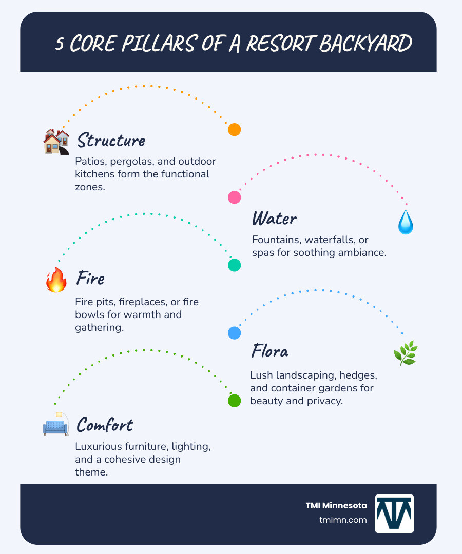 Infographic showing the 5 Core Pillars of a Resort Style Backyard: Structure (patios, pergolas, outdoor kitchens), Water (fountains, waterfalls, spas), Fire (fire pits, fireplaces, fire bowls), Flora (privacy hedges, ornamental grasses, container gardens), and Comfort (lounge furniture, lighting, cohesive themes) - Resort style backyard infographic infographic-line-5-steps-blues-accent_colors