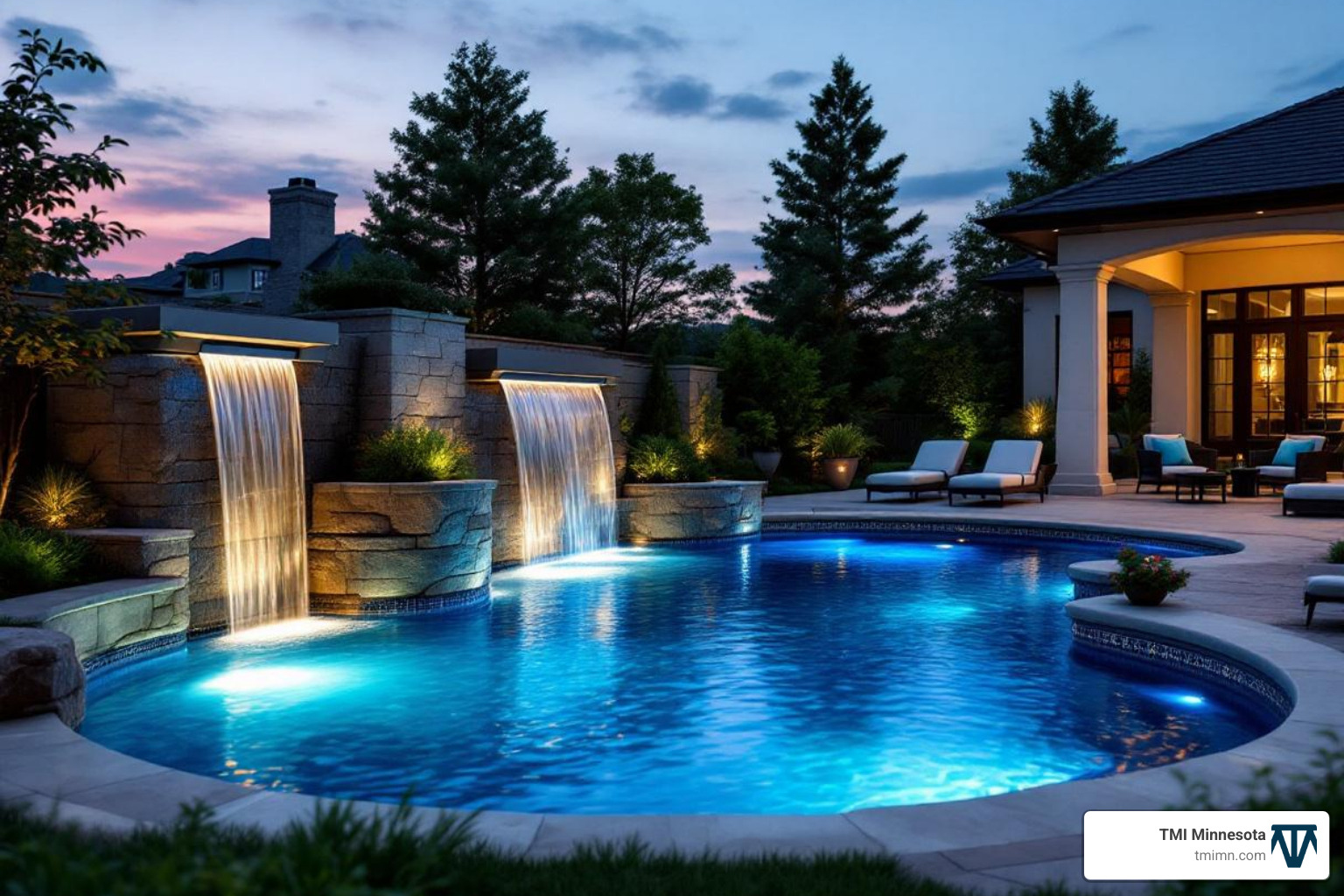 Pool with a sheer descent waterfall and integrated LED lighting - Resort style backyard