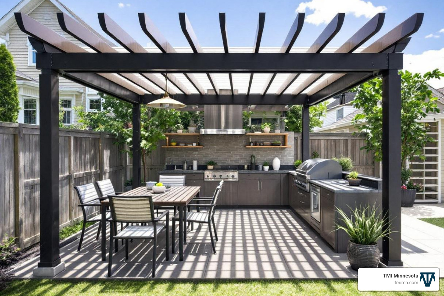 Modern outdoor kitchen and dining area under a louvered pergola - Resort style backyard