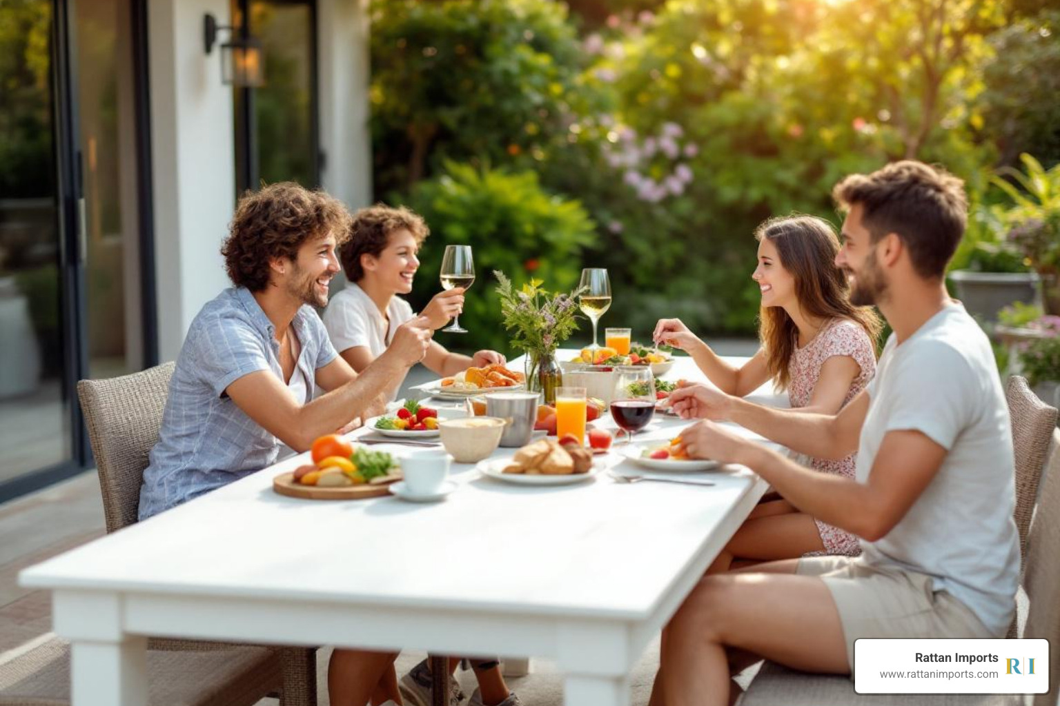 family enjoying meal at large rectangular white outdoor dining table - white outdoor dining setting