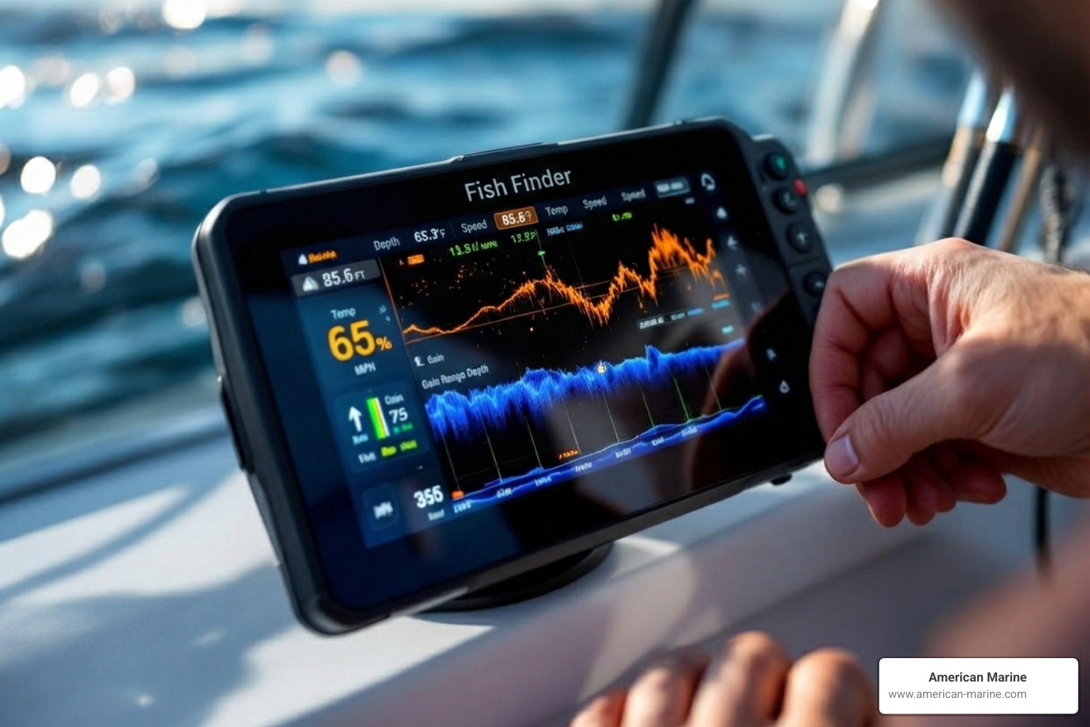 of a digital fish finder screen with reduced glare due to shade - boat umbrellas for fishing of a digital fish finder screen with reduced glare due to shade - boat umbrellas for fishing