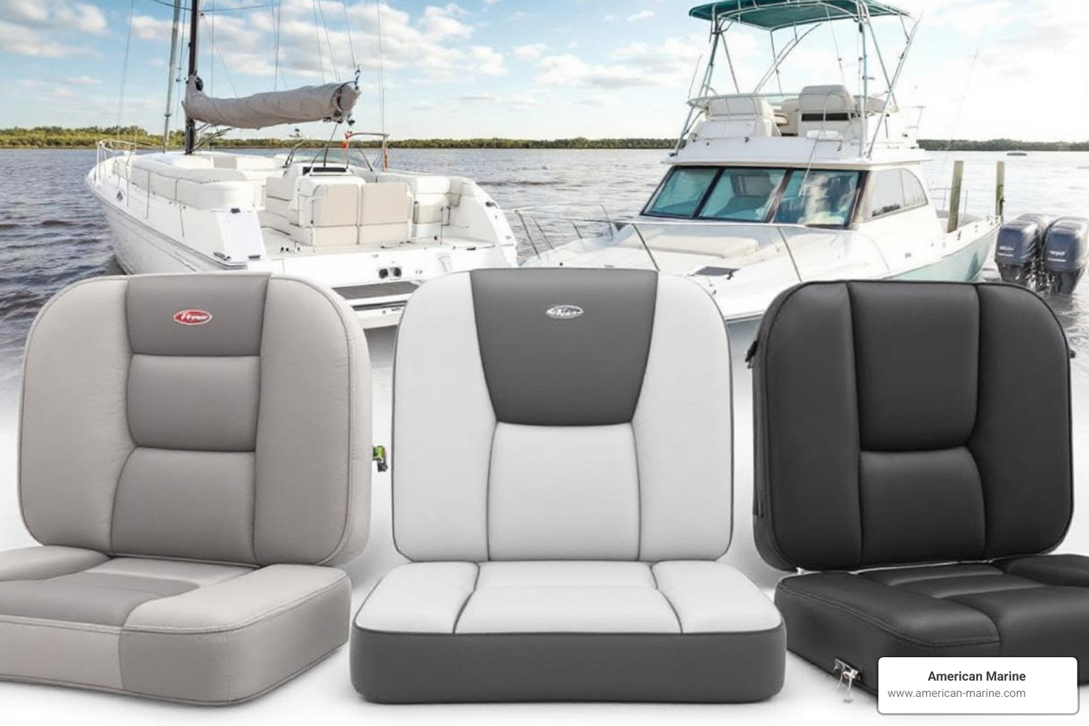 of different cushion styles on a pontoon, a sailboat, and a sportfisher - Waterproof boat cushions of different cushion styles on a pontoon, a sailboat, and a sportfisher - Waterproof boat cushions