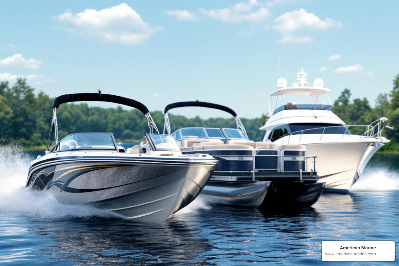 Different boat types side-by-side (bass boat, pontoon, yacht). - boat carpet replacement cost