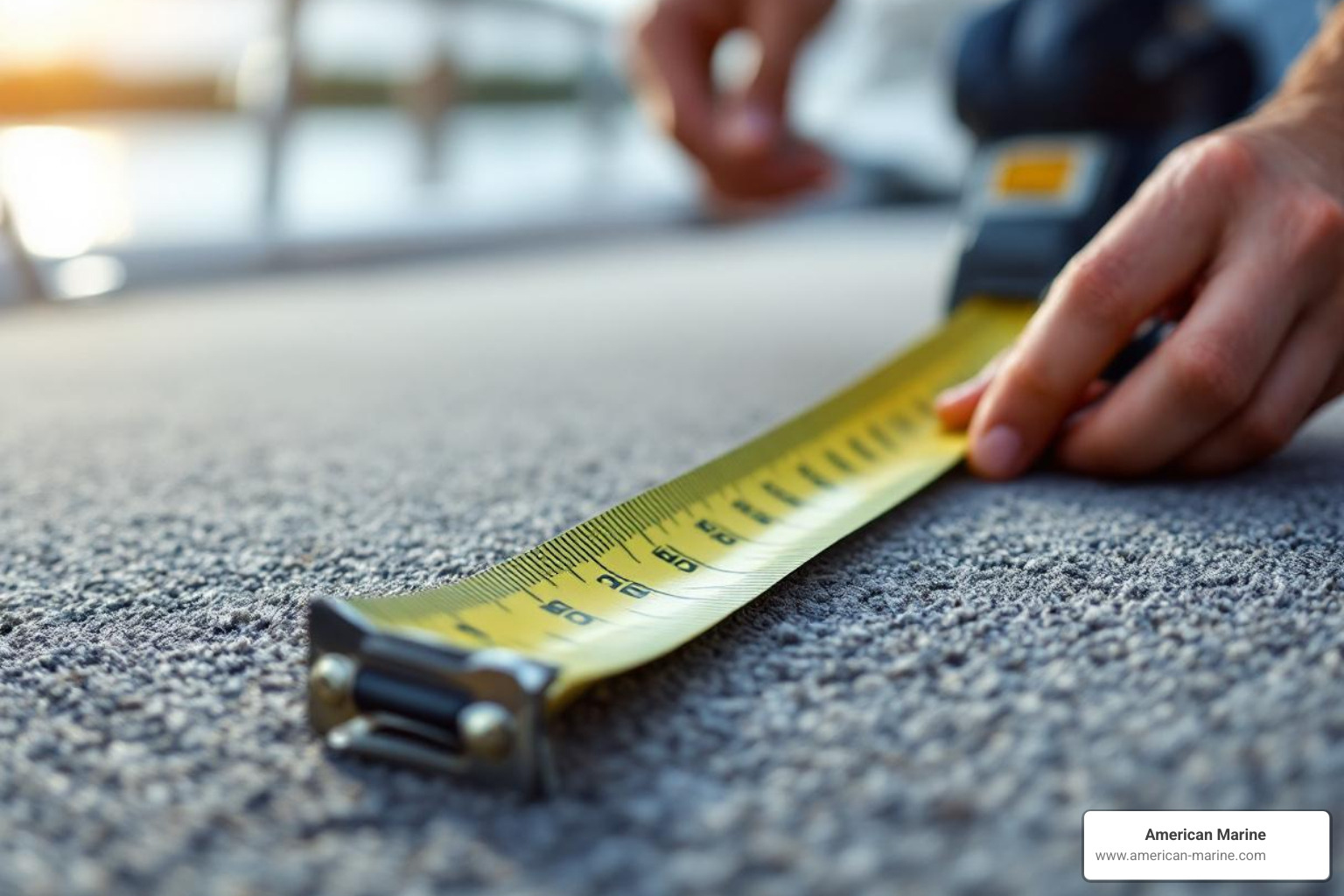 A measuring tape on a boat deck, illustrating the measurement process. - boat carpet replacement cost