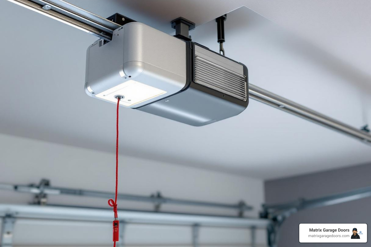 disconnected garage door opener with the red emergency release cord highlighted - cable snapped on garage door