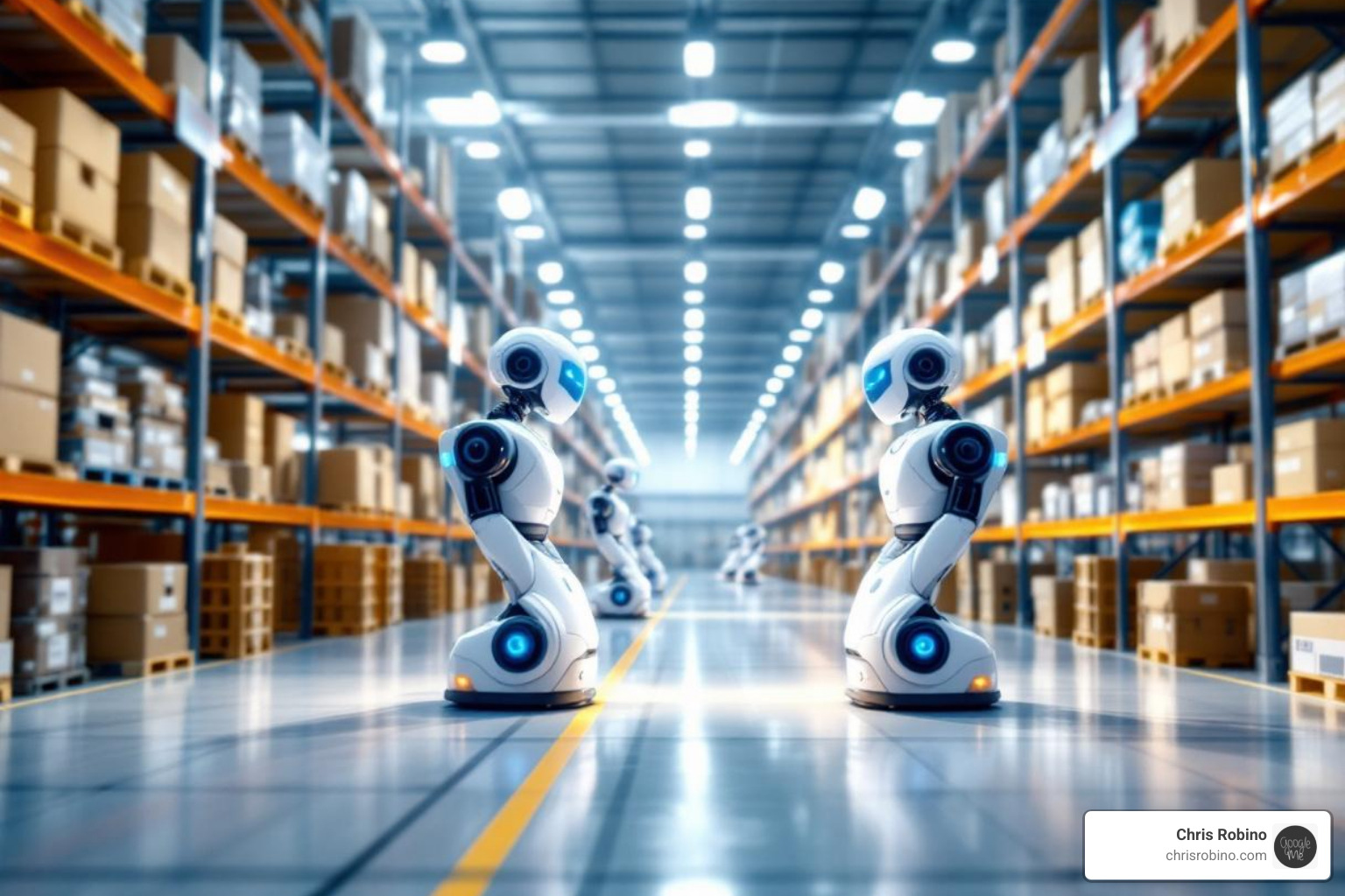 an AI-powered warehouse with autonomous robots managing inventory - retail tech trends