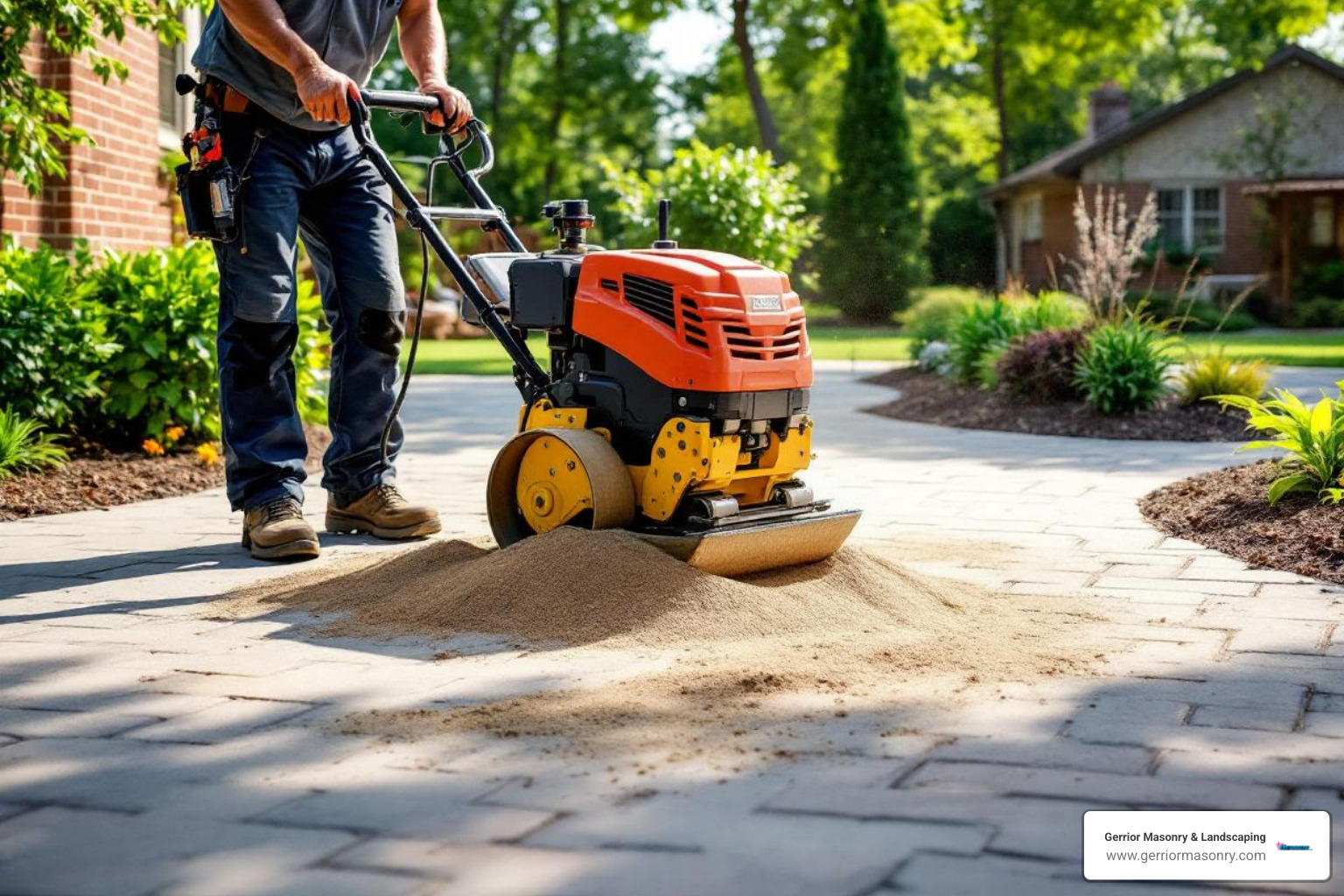 A worker using a plate compactor over a newly laid paver patio before adding joint sand - Patio paver installation
