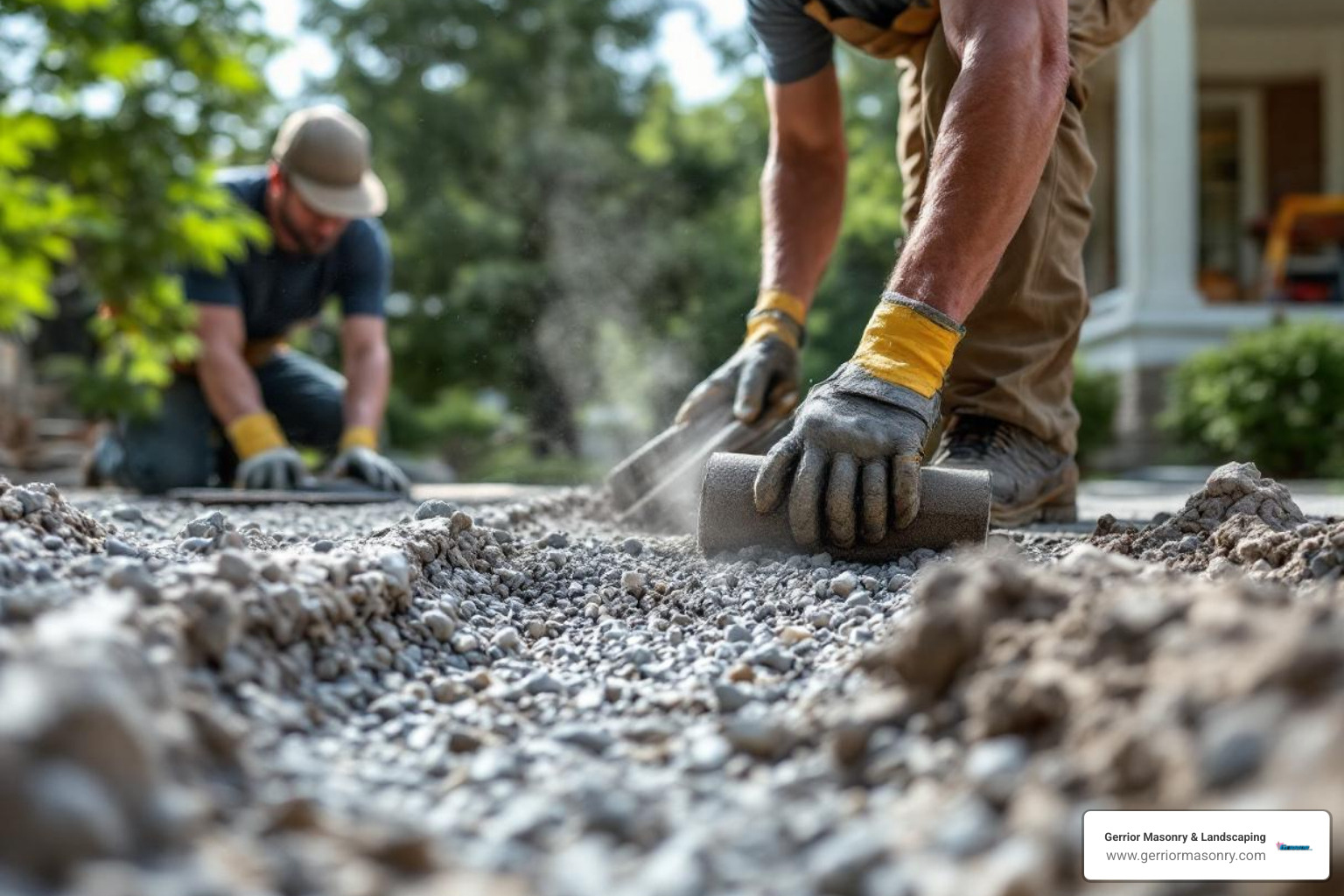 A professional crew excavating and compacting the gravel base for a new patio - Patio paver installation
