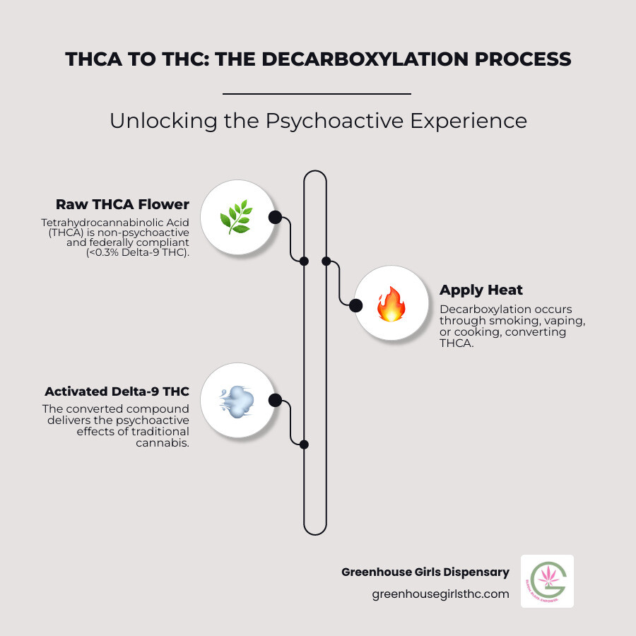 Infographic showing THCA flower in raw state versus THC after heating, with visual representation of the decarboxylation process including molecular structure changes, consumption methods (smoking, vaping, cooking), and the legal distinction between raw THCA (federally legal, non-psychoactive) and activated THC (psychoactive effects) - buy thca flower online infographic infographic-line-3-steps-elegant_beige