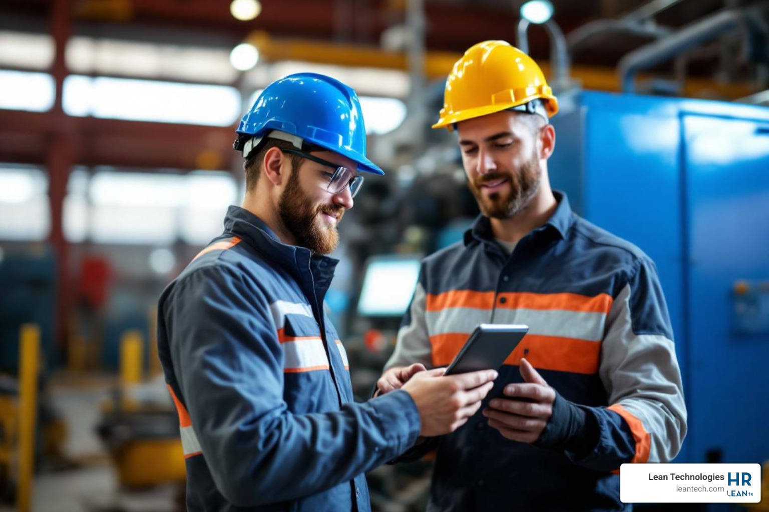 technician using a tablet to log a maintenance task next to a machine - equipment maintenance planning