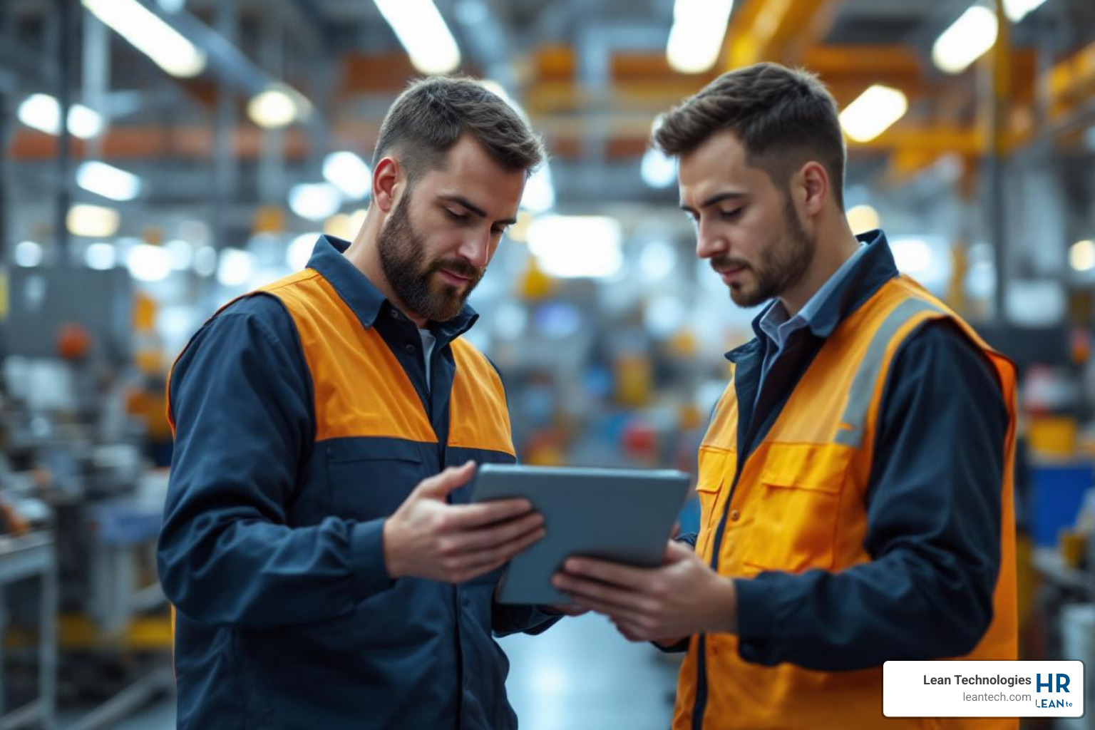 Supervisor and operator using a tablet on a clean shop floor - Manufacturing operations management