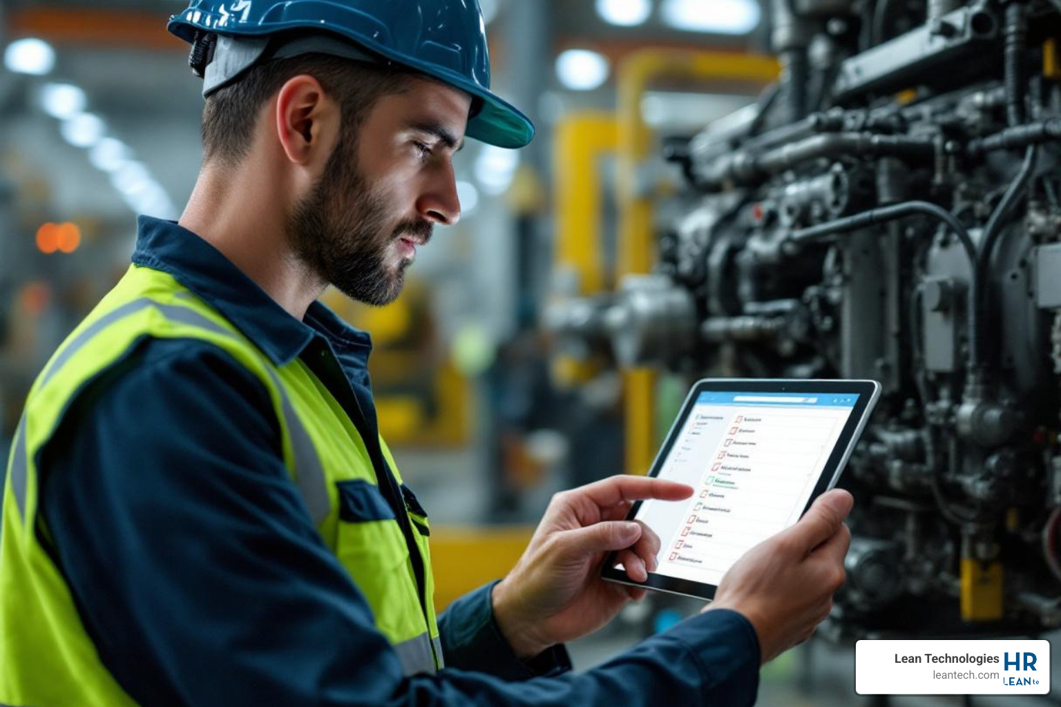 Technician using a tablet to follow a digital checklist on a machine - perform preventive maintenance of tools and equipment