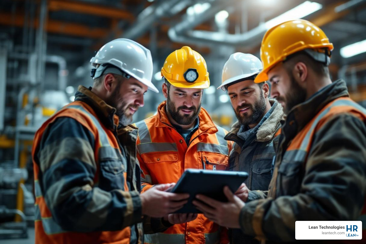 team huddled around a tablet, reviewing a PM checklist - asset management preventive maintenance