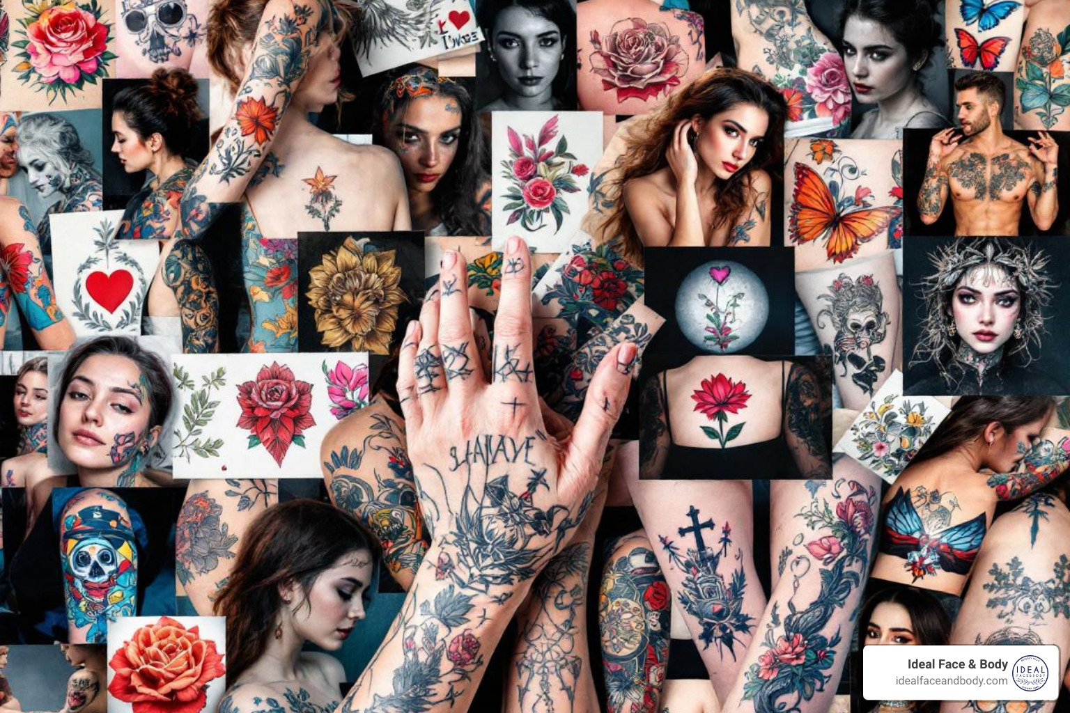 collage showing different types of tattoos: colorful, black and grey, amateur, and professional - lasers for tattoo removal collage showing different types of tattoos: colorful, black and grey, amateur, and professional - lasers for tattoo removal