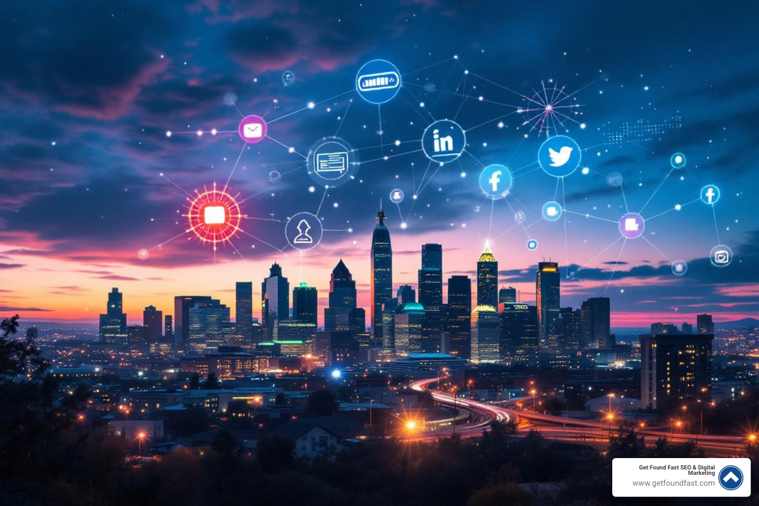 Denver skyline with digital marketing elements - professional seo services agency denver