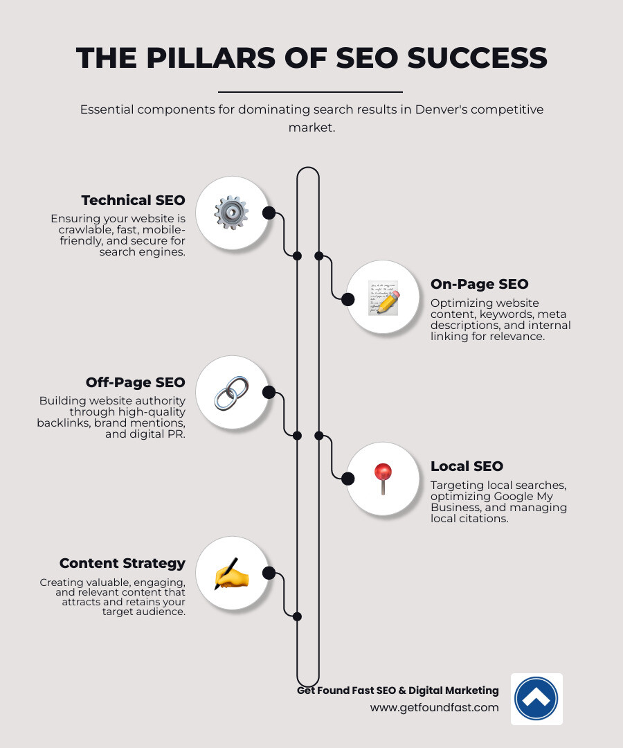 Infographic showing the three pillars of SEO: Technical SEO (site speed, mobile optimization, site architecture), On-Page SEO (keyword optimization, content quality, internal linking), and Off-Page SEO (backlinks, brand mentions, digital PR) - seo company denver colorado infographic infographic-line-5-steps-elegant_beige Infographic showing the three pillars of SEO: Technical SEO (site speed, mobile optimization, site architecture), On-Page SEO (keyword optimization, content quality, internal linking), and Off-Page SEO (backlinks, brand mentions, digital PR) - seo company denver colorado infographic infographic-line-5-steps-elegant_beige